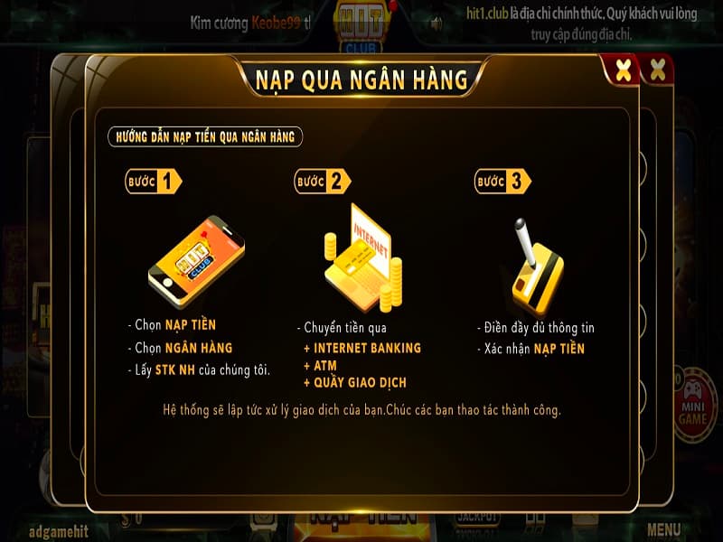 Nạp tiền qua ngân hàng vào tài khoản Hitclub68