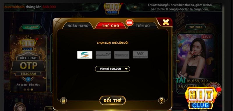 Nạp tiền qua thẻ cào tại Hitclub68