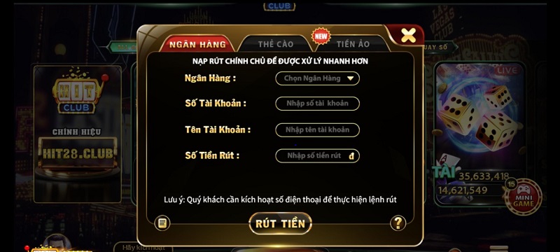 Rút tiền từ Hitclub68 qua ngân hàng